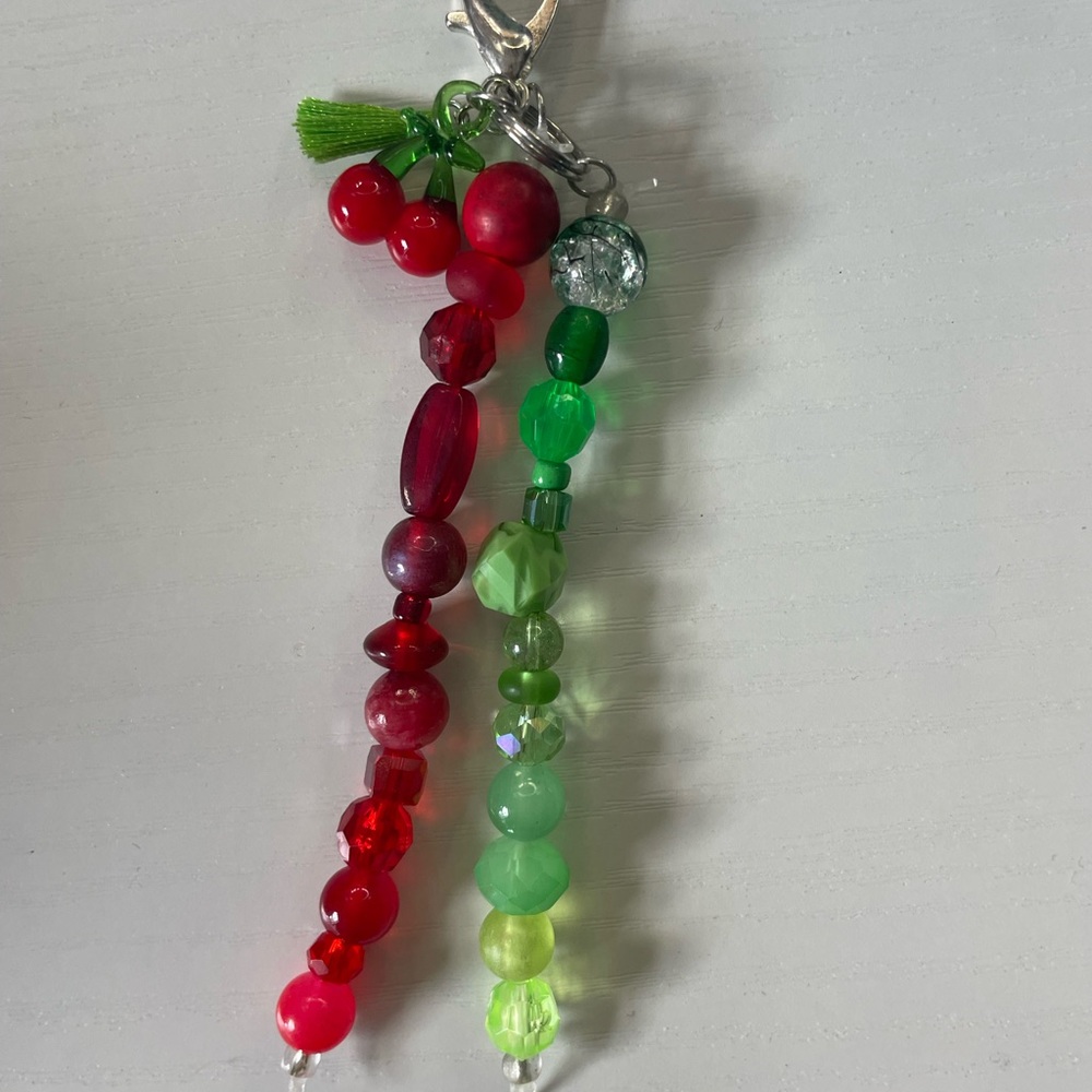 Cherry Red and Green Beaded Keychain